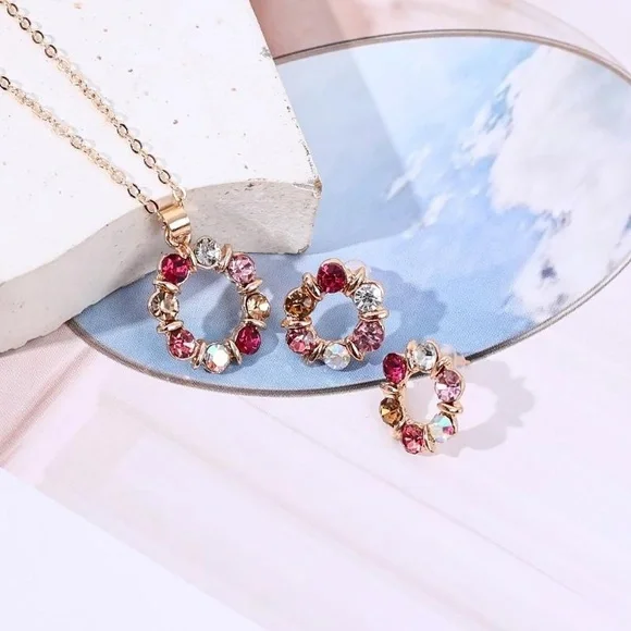 Rose Gold Plated Rhinestone Pendant Necklace & Earrings Set - Picture 6 of 6